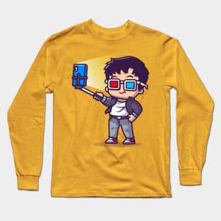 Cool Boy Taking Selfie With Phone Cartoon Long Sleeve T-Shirt